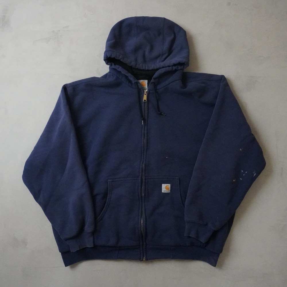 Carhartt Full Zip Hoodie 2XL Mens Navy Blue Thermal Lined Work Jacket Y2K